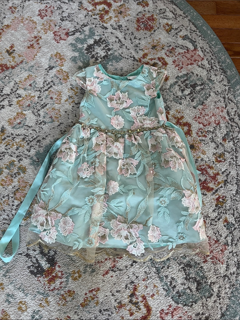 Mint Floral Embroidered Girls Dress with Pink Accents